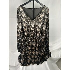 BloomChic Plus Size 22-24 Velvet Floral V-Neck Mini Dress Olive Green